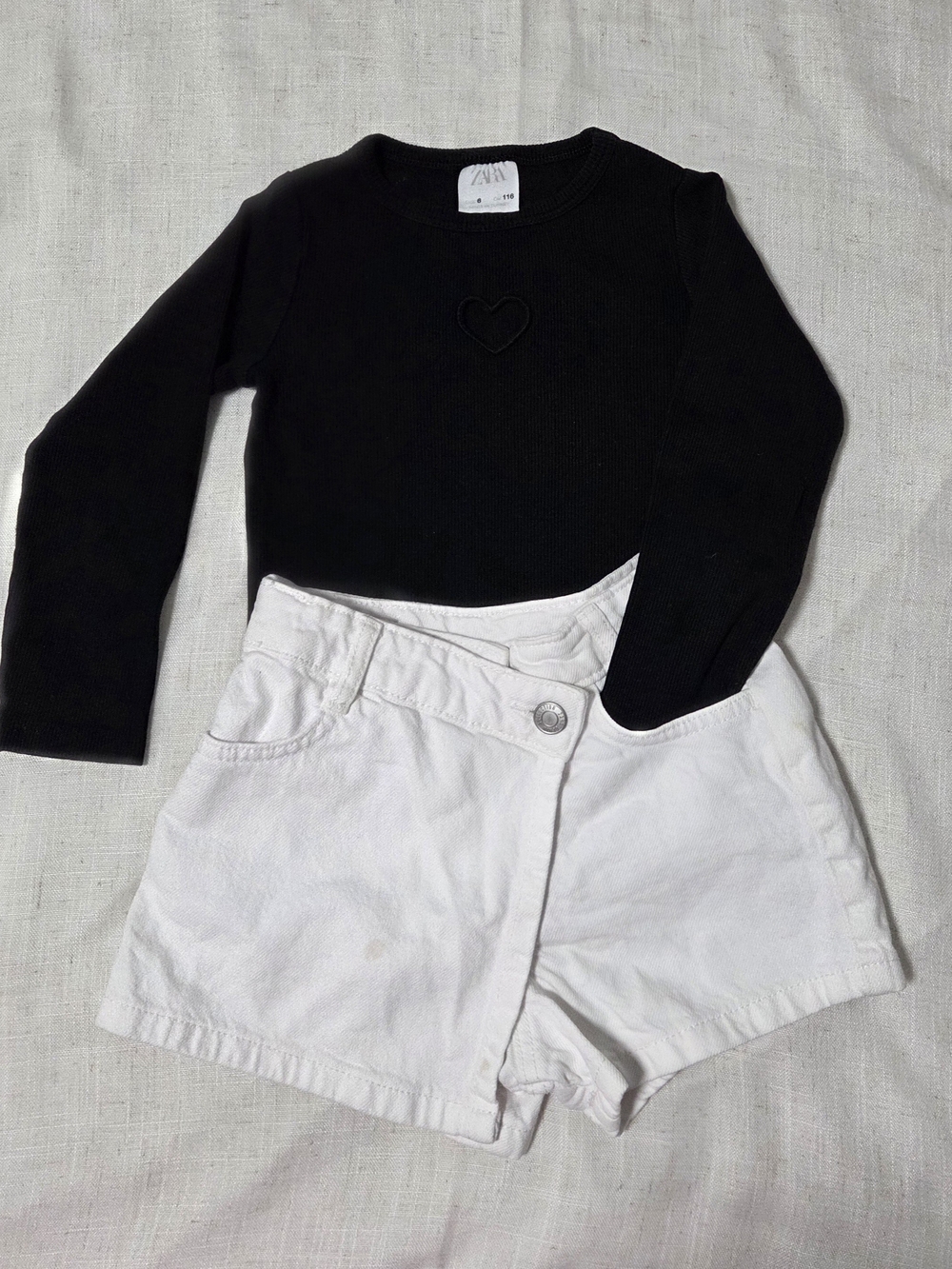 Zara Bundle Kids Black Long-Sleeve Heart Ribbed Top & Cross-front Short Sz 6Y